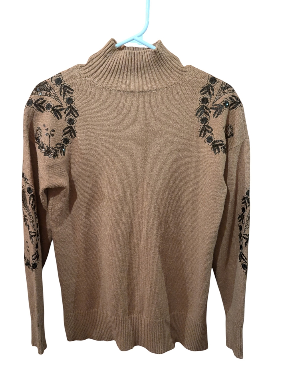 Vintage Cozy Embroidered Mock Neck Sweater - Taupe